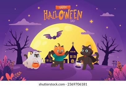 Enchanting Halloween Festival Banner with Cute Cat, Trick or Treat in a Mystical Night Pathway, Vector, Illustration