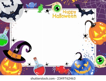 Enchanting Halloween Frame Pumpkins Spiders Bats and Mysterious Delights. Vector illustration