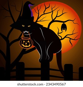 Enchanting Halloween Night: Silhouette of a Black Cat with a Witch's Hat Playfully Gnawing on a Pumpkin Bag, Underneath an Orange-Hued Sky. 