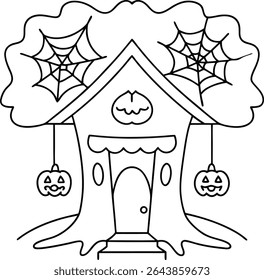Enchanting Halloween Treehouse Coloring Page Whimsical Spooky Fun Art Activity Featuring Haunted House Theme with Spooky Tree, Pumpkin Decorations, and Spiderwebs Perfect for Kids and Adults Alike