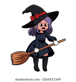 Enchanting Halloween witch cleaning up the spooky mess. Vector illustration of a cute cartoon sorceress with a broom. Whimsical seasonal artwork for holiday celebrations and graphic design projects.