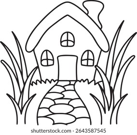 Enchanting House Illustration with Playful Design a Whimsical Dwelling Surrounded by Lush Foliage and a Charming Stone Pathway Leading to the Entrance invites you to a world of imagination