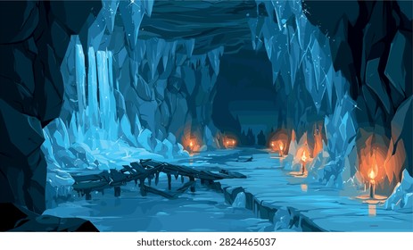 Enchanting Ice Cave Pathway with Candles and Sparkling Ice