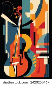 An enchanting illustration capturing the essence of a double bass, where the rhythmic heartbeat of jazz comes alive. Geometric shapes in the background dance harmoniously...