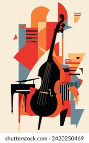 An enchanting illustration capturing the essence of a double bass, where the rhythmic heartbeat of jazz comes alive. Geometric shapes in the background dance harmoniously...