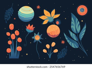 Enchanting illustration combining cosmic elements like planets and stars with floral motifs and leaves, presenting a dreamy fusion of outer space and nature in a vibrant and artistic style