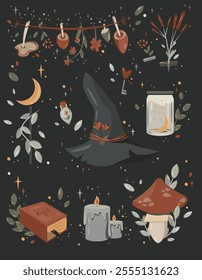 An enchanting illustration featuring a witch's hat, magical objects, candles, mushrooms, herbs, and celestial elements on a dark background.