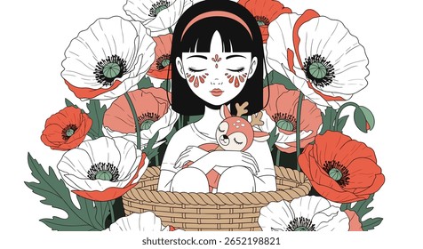 Enchanting illustration of a young girl holding a creature among a field of vibrant poppies