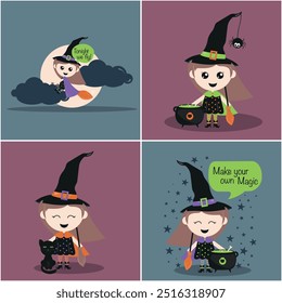 Ilustrações encantadoras de uma bruxinha para o Halloween. Ideal para adicionar um toque de magia às suas decorações sazonais, projetos de artesanato e projetos personalizados.