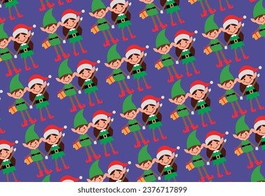 Enchanting image of two in-love Santa's elves on a purple backdrop. One elf holds a gift while the other waves goodbye. Perfect for backgrounds, fabrics, gift wrapping, and creative design projects