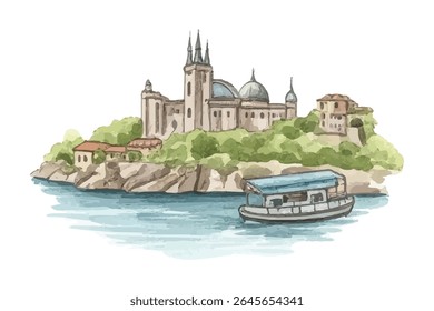 Enchanting island scene with a historic castle, lush greenery, and a peaceful boat on blue waters-ideal for travel, fairytale, or storybook-themed designs.
