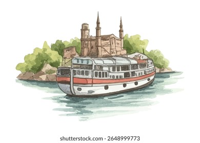  Enchanting  island scene with a historic castle, lush greenery, and a peaceful boat on blue waters-ideal for travel, fairytale, or storybook-themed designs.