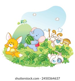 Enchanting Kawaii Cartoon Animals - Fox, Chicken, Cat, Elephant, Goat Harvesting Watermelons, Celebrating a Blissful Summer Holiday in a Beautiful Park
