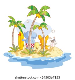 Enchanting Kawaii Cartoon Animals - Fox, Chicken, Cat, Elephant Fishing, Celebrating a Blissful Summer Holiday at a Beautiful Beach - Isolated Vector Illustration on a White Background