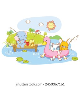 Enchanting Kawaii Cartoon Animals - Fox, Chicken, Cat, Elephant Fishing, Celebrating a Blissful Summer Holiday at a Beautiful Beach - Isolated Vector Illustration on a White Background