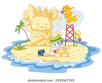 Enchanting Kawaii Cartoon Animals - Fox, Chicken, Cat, Elephant Fishing, Celebrating a Blissful Summer Holiday at a Beautiful Beach - Isolated Vector Illustration on a White Background