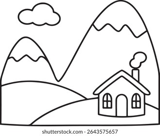 Enchanting Landscape Featuring Snowy Peaks Gentle Hills and a Cozy House with Curling Smoke a Peaceful Mountain Getaway a Coloring Book Style Black and White Illustration