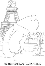 Encantadora arte em linha de um colossal panda encontrando uma menina curiosa perto da Torre Eiffel, perfeita para atividades de coloração infantil.