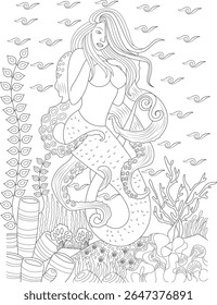 Enchanting Line Art Illustration of a Mermaid with Octopus Elements, Surrounded by Ocean Plants, Ready for Coloring and Creative Expression.