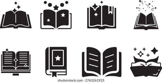 Enchanting Literary Collection: A captivating set of open book icons, each brimming with magical symbols, perfect for designs related to storytelling, fantasy, and the wonder of reading.