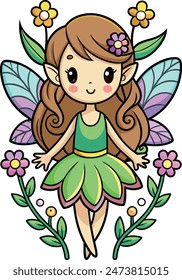 Enchanting little fairy girl amidst blossoms, wings fluttering, vector art