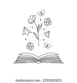 Enchanting magic book vector logo featuring an open book adorned with flowers, stars, butterfly, and paper airplane. Ideal bookstore logotype template.