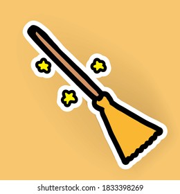 Enchanting Magic Broom Icon: Explore this bold stock vector featuring a white outline magic broom adorned with three yellow stars. Perfect for mystical designs, witchcraft themes, and fantasy vibe