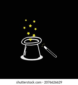 Enchanting Magic Hat: Dive into the world of magic with this captivating illustration of a black magic hat and wand surrounded by yellow stars. Ideal for mystical and enchanting design concepts