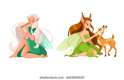 An Enchanting and Magical Forest Filled with Fairies, Accompanied by Adorable Little Deer Companions