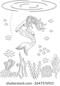 Enchanting Mermaid and Fish Swimming Underwater Line Art Illustration for Coloring Books, Kids' Activities, and Creative Projects, Featuring Coral and Bubbles.