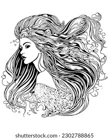 Enchanting Mermaid Line Art Illustration for a Whimsical Coloring Adventure