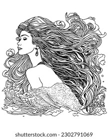 Enchanting Mermaid Line Art Illustration for a Magical Coloring Journey