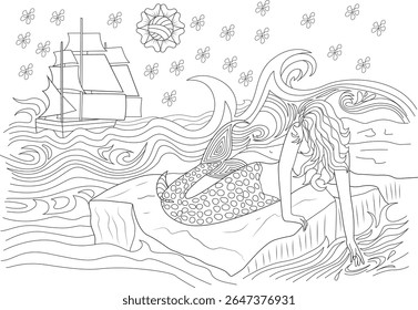 Enchanting Mermaid Resting by the Sea with a Majestic Sailing Ship in the Background - Detailed Ocean Fantasy Line Art for Coloring Books, Digital Craft Projects, and Children's Activities