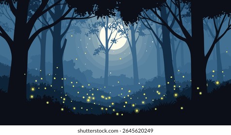 Enchanting Moonlit Forest With Fireflies At Night