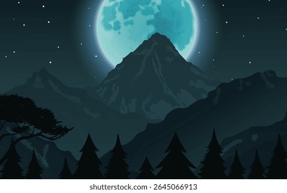 Enchanting moonlit mountain landscape with teal glow, perfect for book covers, game scenery, and mystical wall art.