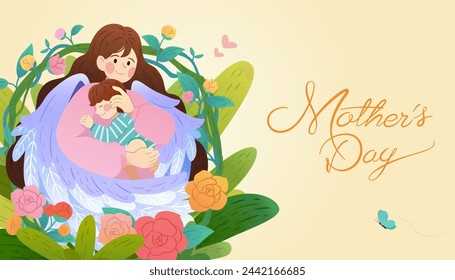 Enchanting Mothers Day card. Mom with angel wings hugging her son on beige background.