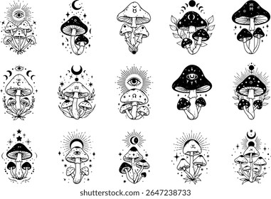 Enchanting Mushroom Clusters Mystical Designs with Celestial Motifs Artistic Black and White Line Art Collection Spooky Season Gothic Aesthetic
