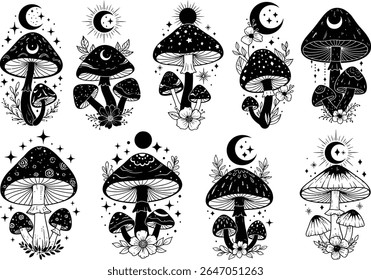 Enchanting Mushroom Collection Mystical Fungi with Celestial Accents Whimsical Forest Designs Ideal for Tattoos and Decorative Illustrations
