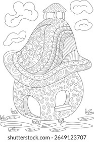 Encantador Cogumelo Casa de Coloração Página com padrões Zen Zen Intricate Doodle para relaxamento e terapia de arte criativa. Uma Fantasia Caprichosa Ilustração Home para Crianças e Adultos.