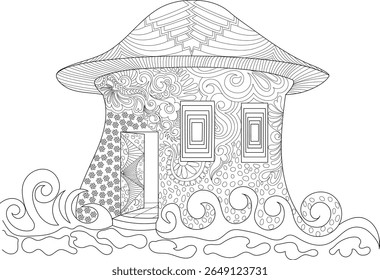 Encantador Cogumelo Casa Linha Arte para colorir livros: uma casa de fantasia com intrincados padrões de Zentangle.