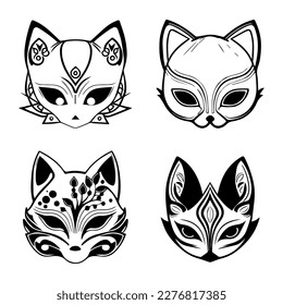 Enchanting and mystical Hand drawn collection set of cute Japanese kitsune masks, evoking a sense of traditional folklore and fox magic