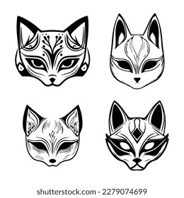 Enchanting and mystical Hand drawn collection set of cute Japanese kitsune masks, evoking a sense of traditional folklore and fox magic