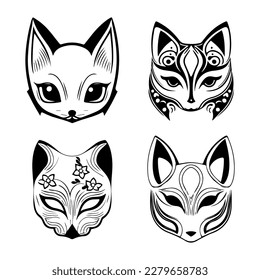 Enchanting and mystical Hand drawn collection set of cute Japanese kitsune masks, evoking a sense of traditional folklore and fox magic