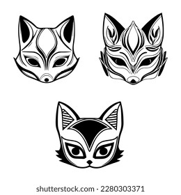 Enchanting and mystical Hand drawn collection set of cute Japanese kitsune masks, evoking a sense of traditional folklore and fox magic