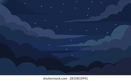 Enchanting night sky filled with glowing stars and layers of deep blue and purple clouds creating a scenic view.