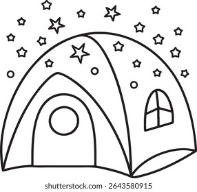 Enchanting Nighttime Hideaway A Whimsical Tent Scene Surrounded by Sparkling Stars and Playful Shapes invites imagination and adventure, perfect for coloring books and creative projects, sparking joy