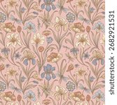 An enchanting pattern inspired by William Morris, featuring graceful blue irises and subtle pink and cream flora on a soft rosy background, exuding timeless artistic beauty.