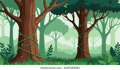 Enchanting Pixel Art Forest Scene with Ancient Trees and Verdant Undergrowth Creating a Mystical Atmosphere