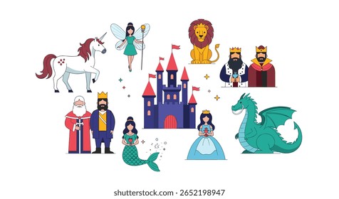 Enchanting pixelated kingdom featuring mythical creatures and royal figures