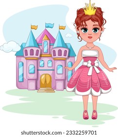 Enchanting Princess. Vector Illustration of a Girl in a Beautiful Dress with a Crown, Standing by the Castle